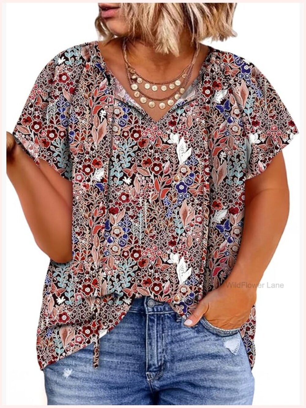 Plus Size Boho Floral V-Neck Short Sleeve Drawstring Chiffon Blouse 1X-5X Tunic